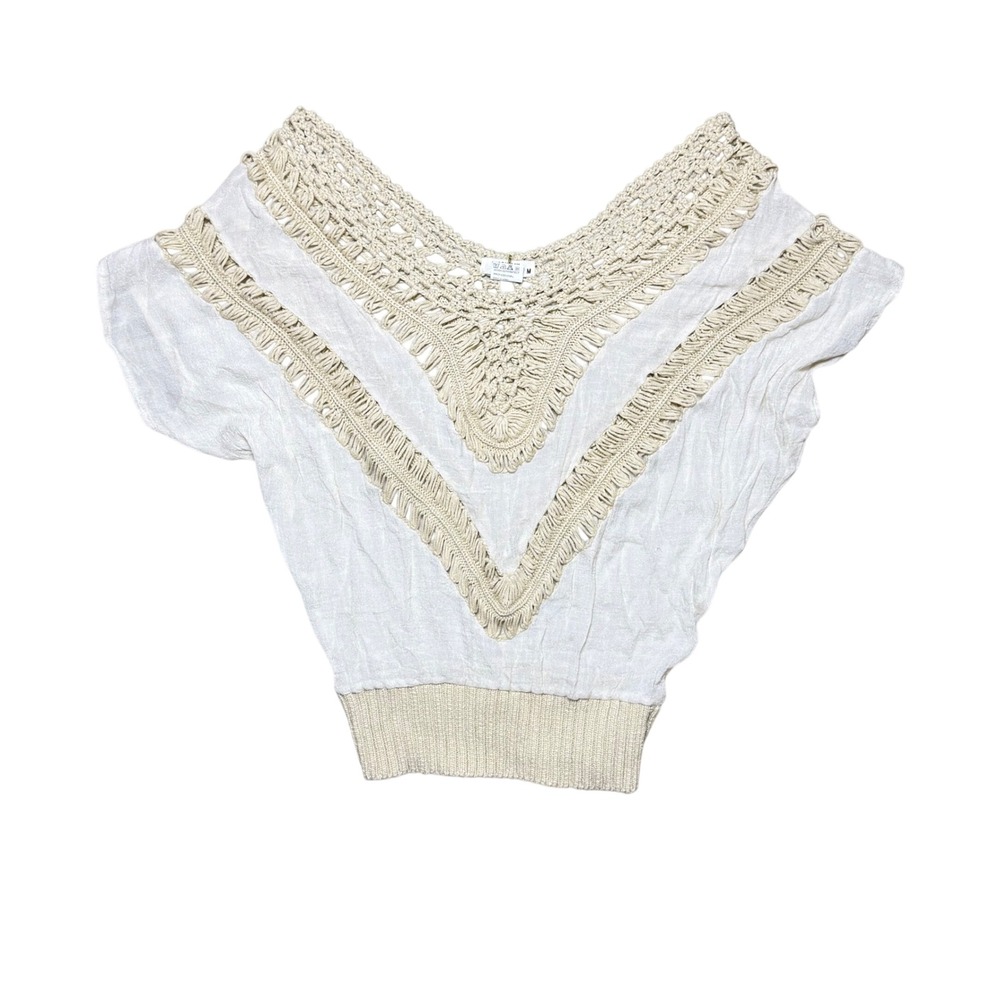 Miss Kelly 1999 White Crochet Knit Fringe V-Neck Blouson Top Vintage Womens M